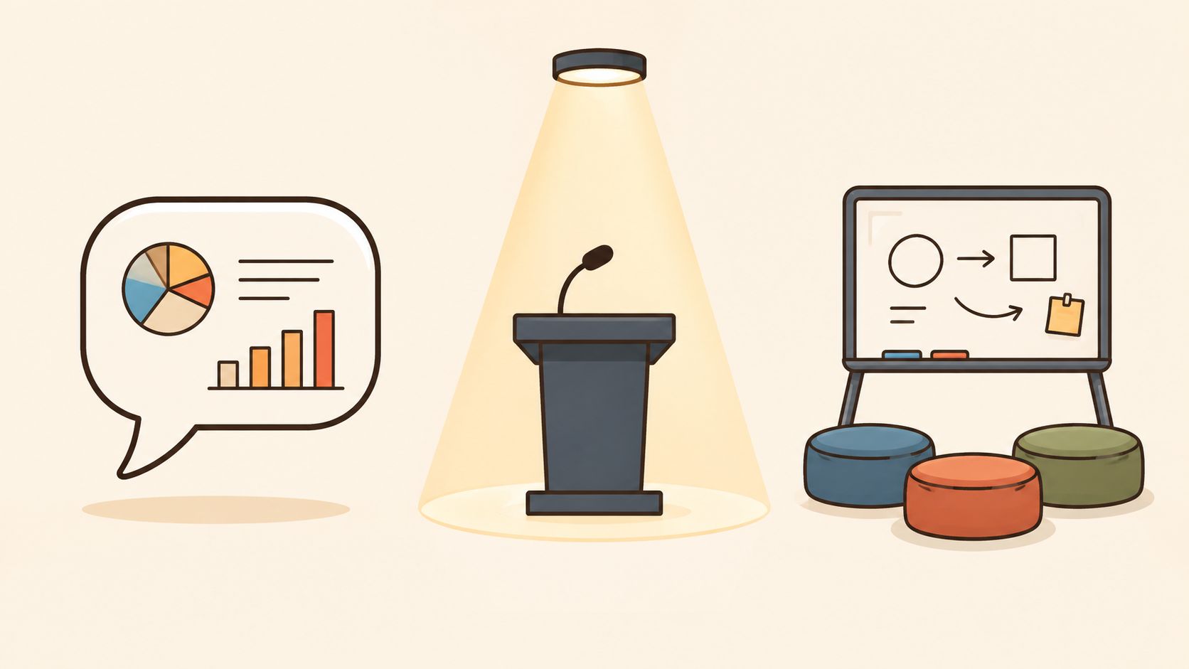 An illustration featuring a speech bubble with charts, a lit podium, and a whiteboard with stools.