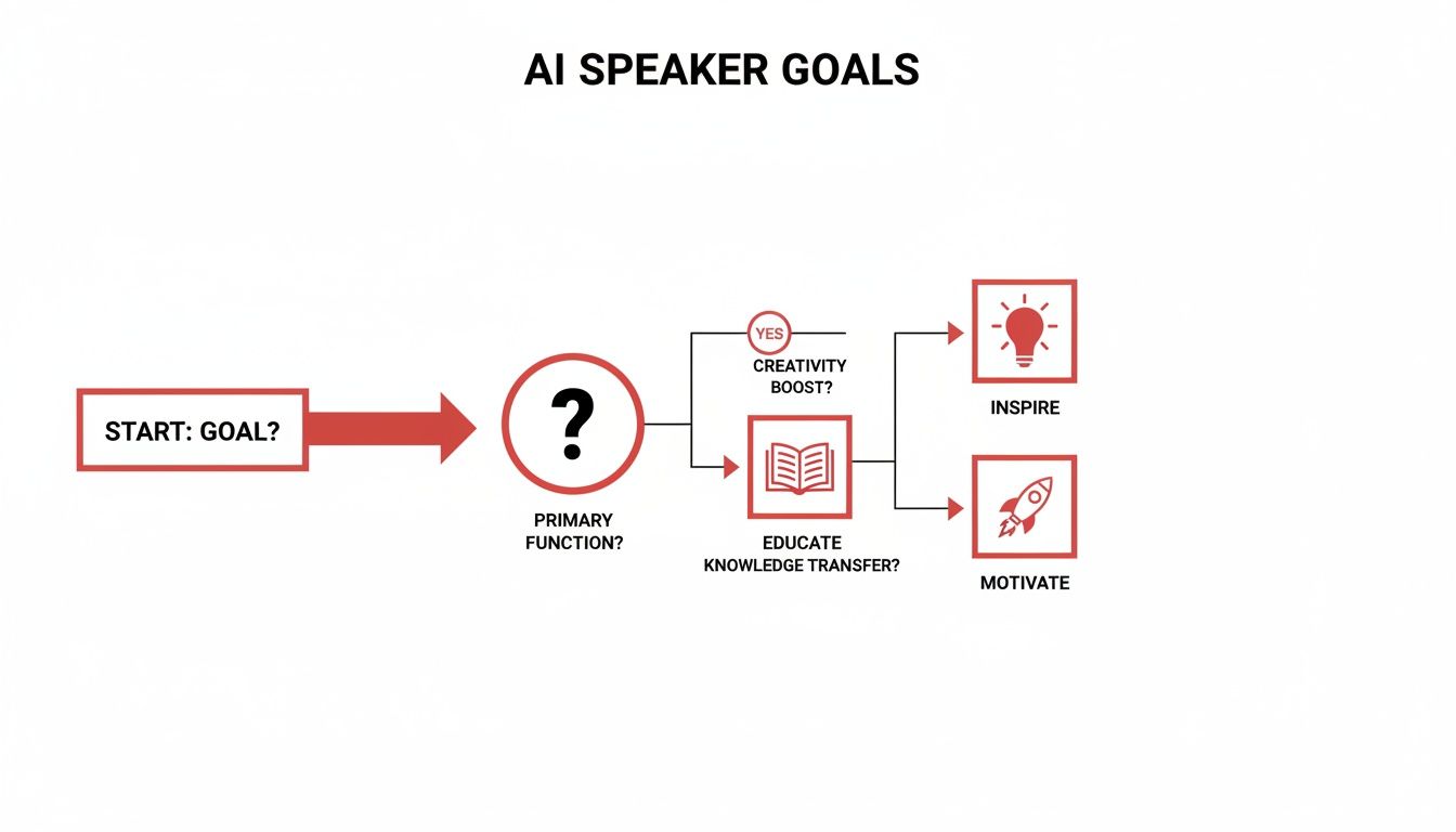 A flowchart outlining AI speaker goals, defining primary functions such as inspiring, educating, and motivating audiences.