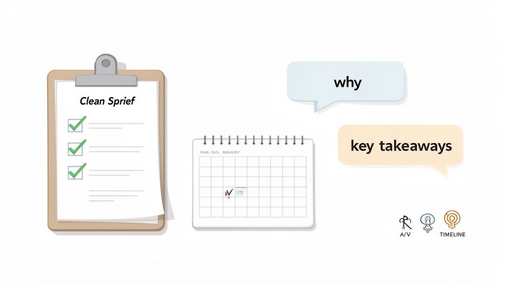 A clean brief checklist, a calendar, speech bubbles with 'why' and 'key takeaways,' and project icons.