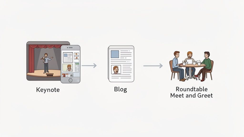 Process diagram: keynote presentation leading to a blog post and then a roundtable meet and greet.