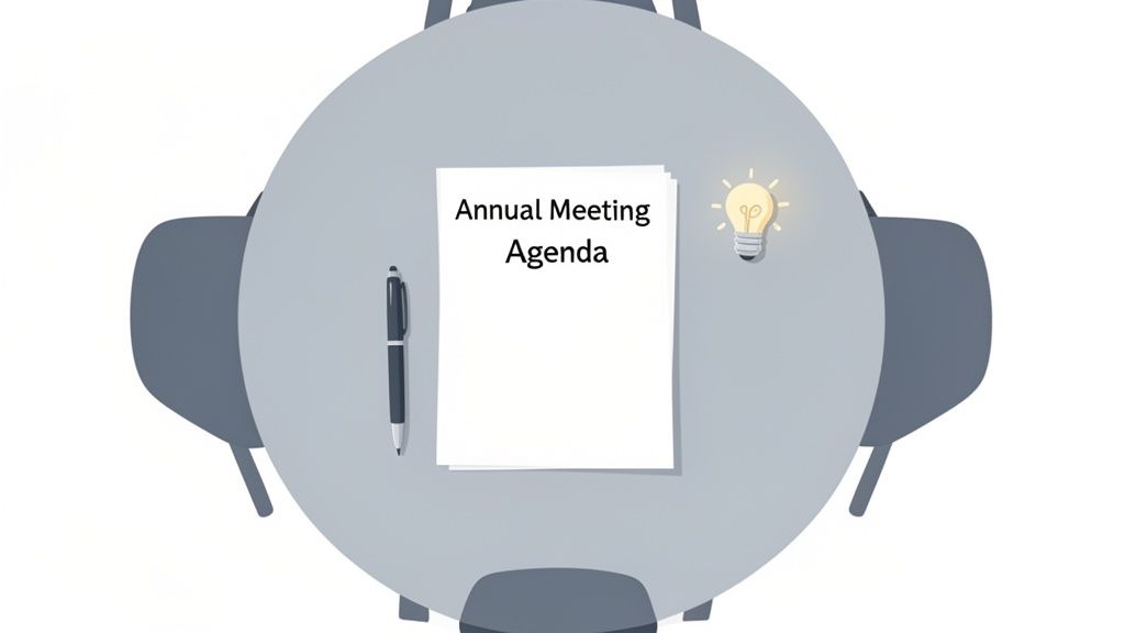 Top-down view of a table with an 'Annual Meeting Agenda' document, a pen, and a glowing lightbulb icon.
