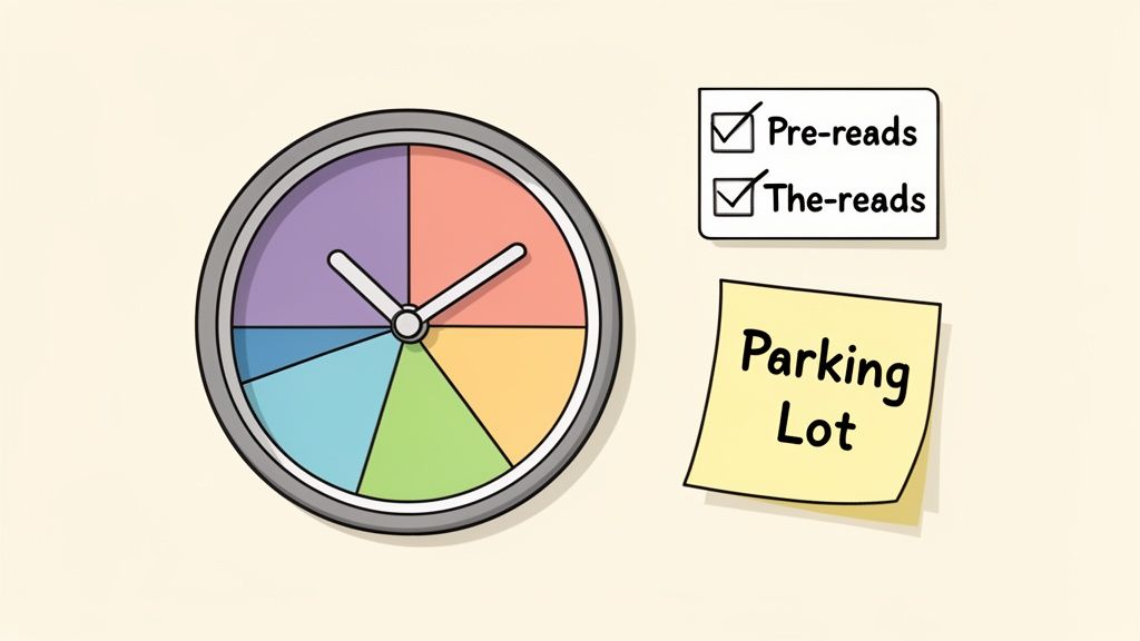 A visual meeting agenda template with a segmented clock, 'Pre-reads', 'The-reads' checklists, and a 'Parking Lot' note.