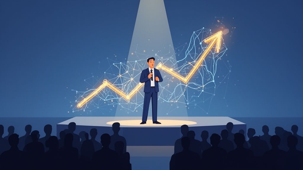 A speaker presents on a stage with a glowing, upward-trending graph and digital network background to an audience.