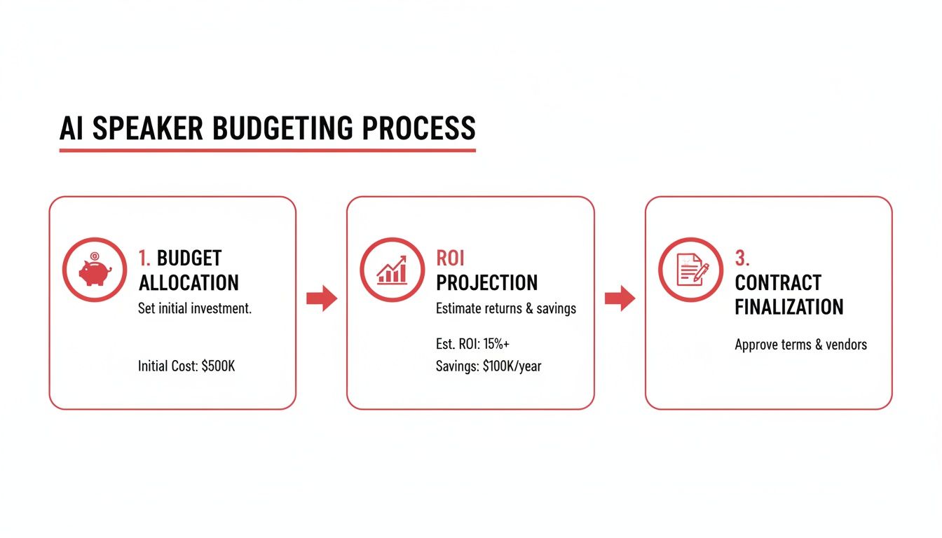 A three-step infographic details the AI speaker budgeting process: allocation, ROI projection, and contract finalization.