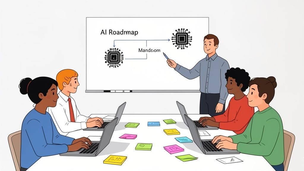 A diverse team attends a presentation on an AI roadmap in a modern meeting room, with one man presenting and others working on laptops.
