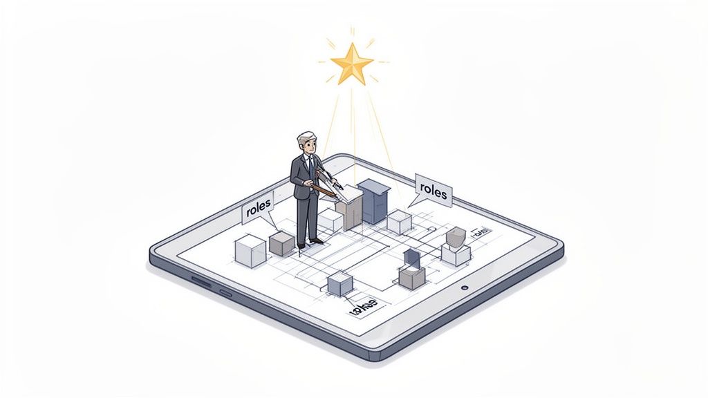 A businessman organizes and builds team roles on a digital tablet towards a star goal.