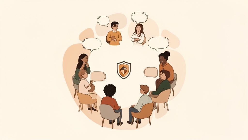 Illustration of diverse people sitting in a circle, discussing with speech bubbles and a shield.