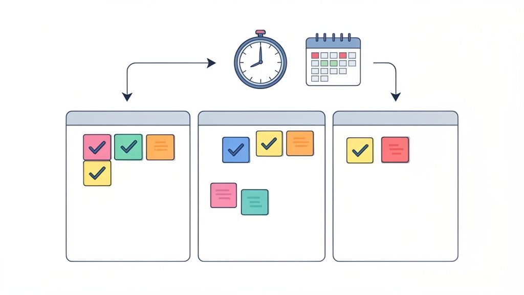 Illustration of task management workflow with kanban boards, stopwatch, and calendar.