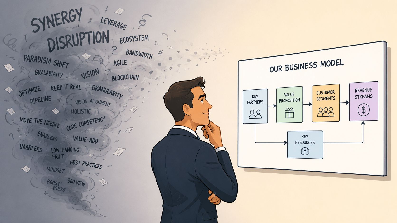 A professional man contemplates a clear business model diagram while surrounded by a chaotic cloud of buzzwords.
