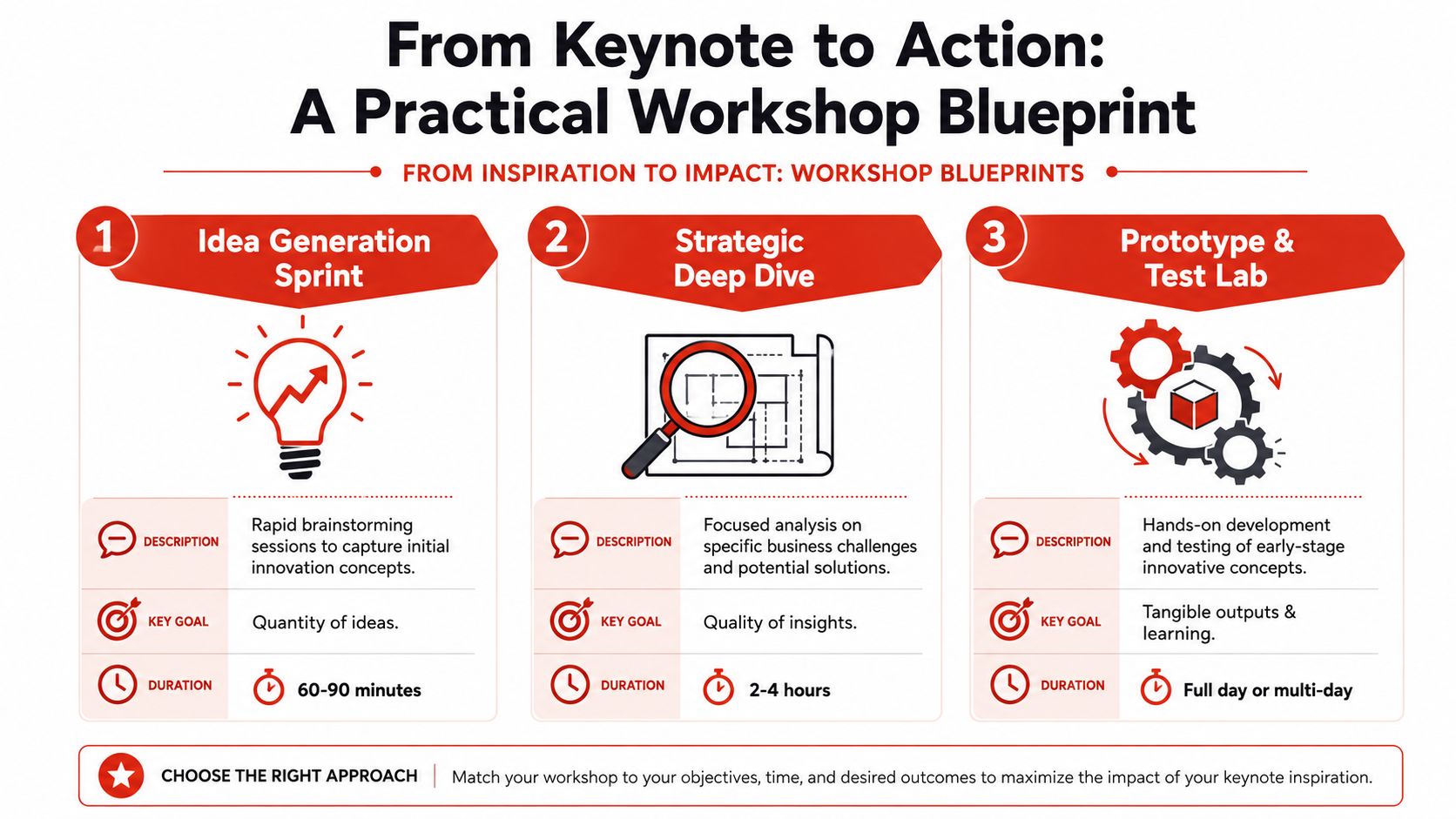 A infographic showing a three-step workshop blueprint for business innovation consisting of ideation, strategy, and prototyping.