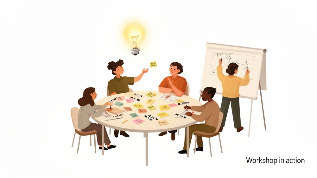 A diverse group of people brainstorms ideas in a workshop, using sticky notes and a whiteboard.