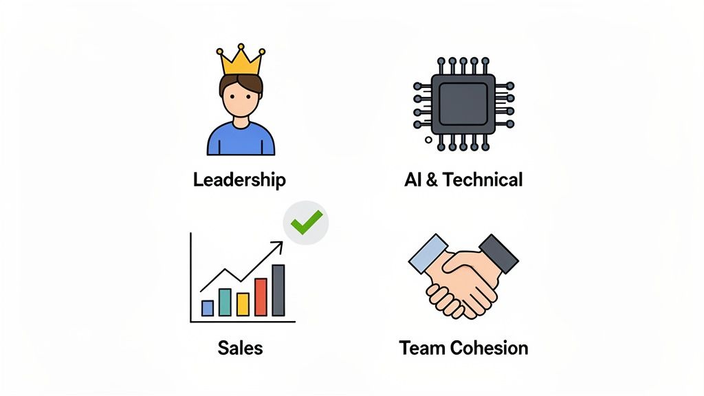 Four business icons: leadership, AI & technical, sales growth with checkmark, and team cohesion.