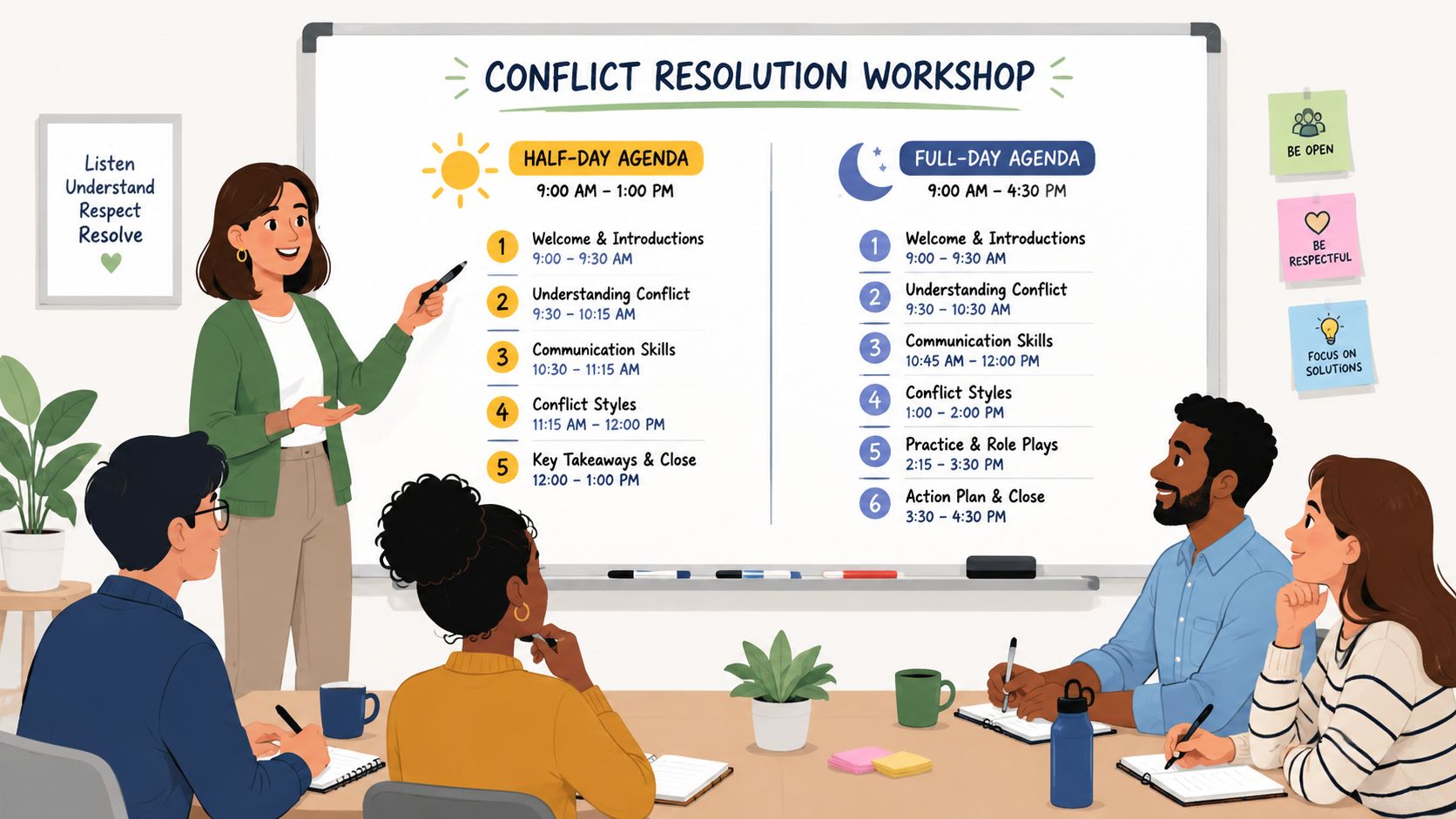 A presenter guides a group of people through a conflict resolution workshop agenda on a whiteboard.