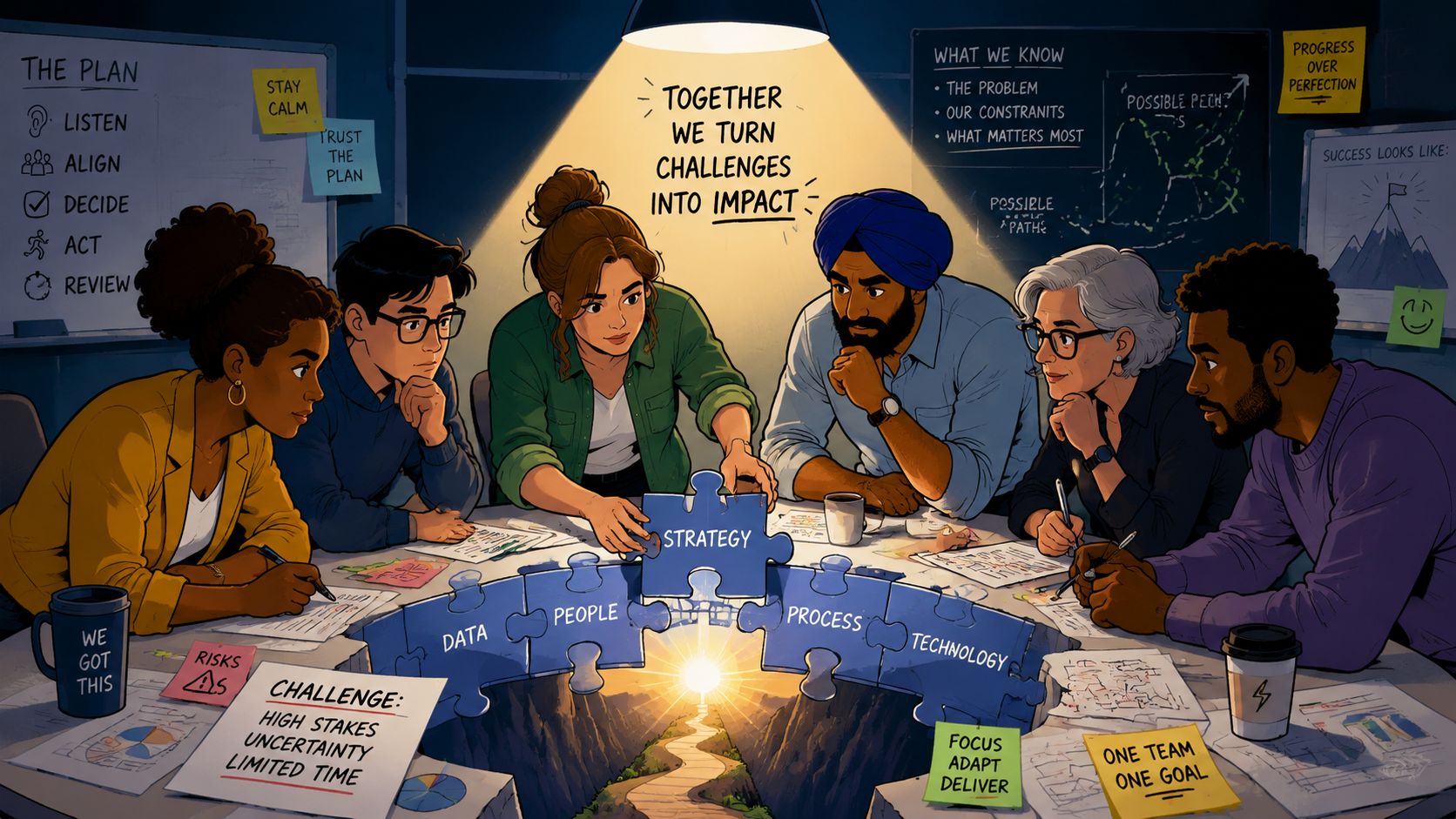 A diverse group of professionals collaborates around a table, assembling puzzle pieces representing business strategy, data, and technology.