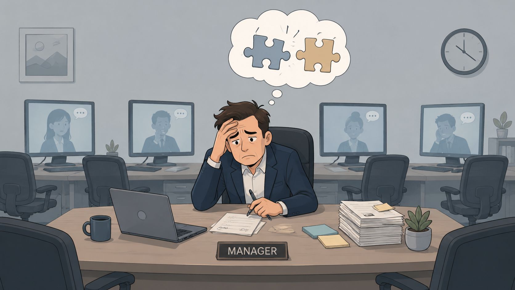 A stressed manager at a desk with video conference screens representing distributed team management challenges.