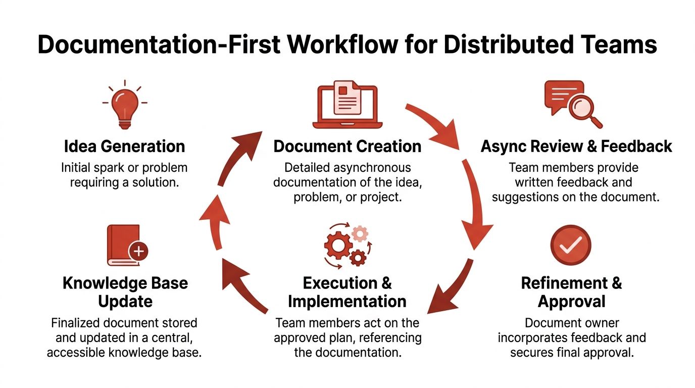 A circular diagram illustrating a documentation-first workflow for distributed teams, highlighting six essential project collaboration steps.