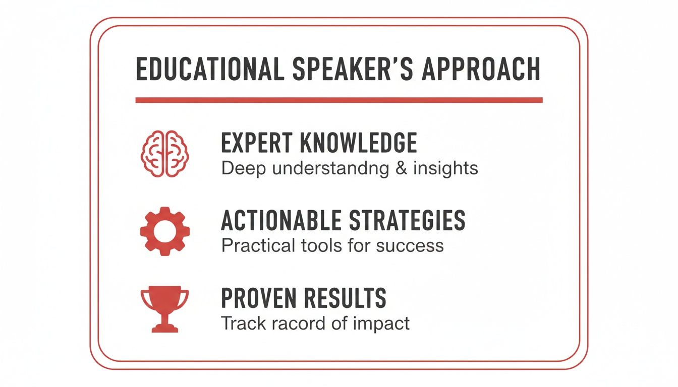 Infographic outlining an educational speaker's approach: expert knowledge, actionable strategies, and proven results.