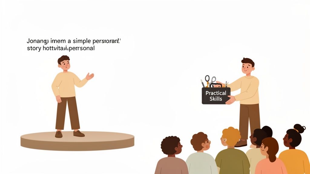 A man presents a 'Practical Skills' case to an attentive audience, while another man speaks on a stage.