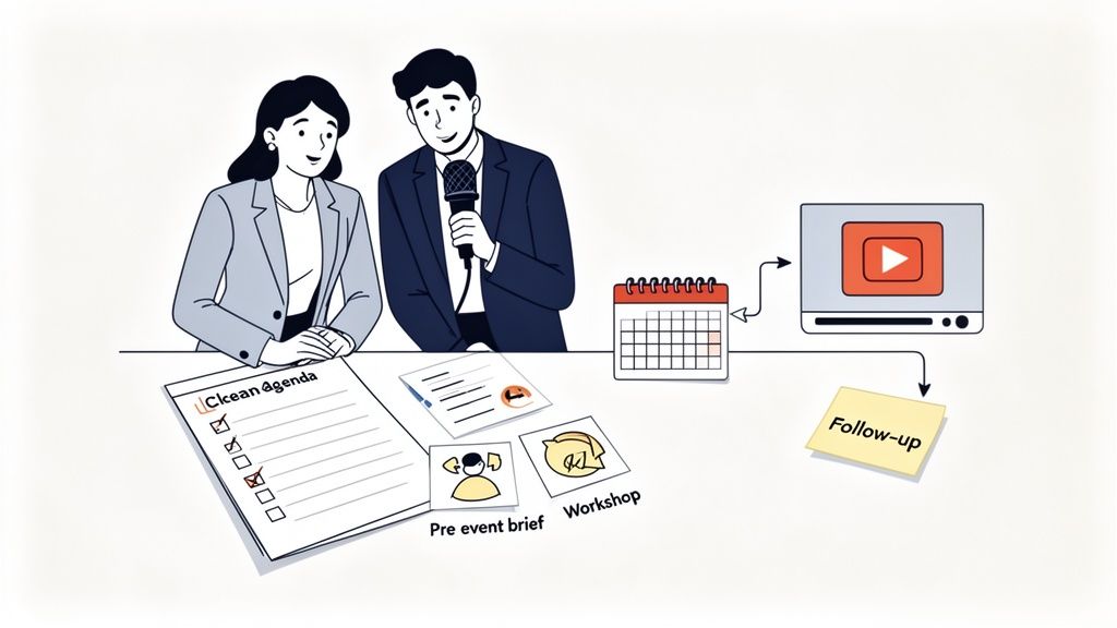 An illustration showing a speaker event process with an agenda, event briefs, workshop, calendar, video, and follow-up.