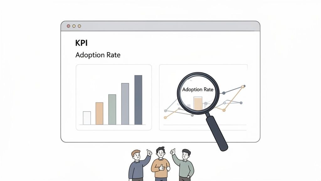 A dashboard displaying 'Adoption Rate' KPI charts, magnified for detail, with a team of three celebrating success.