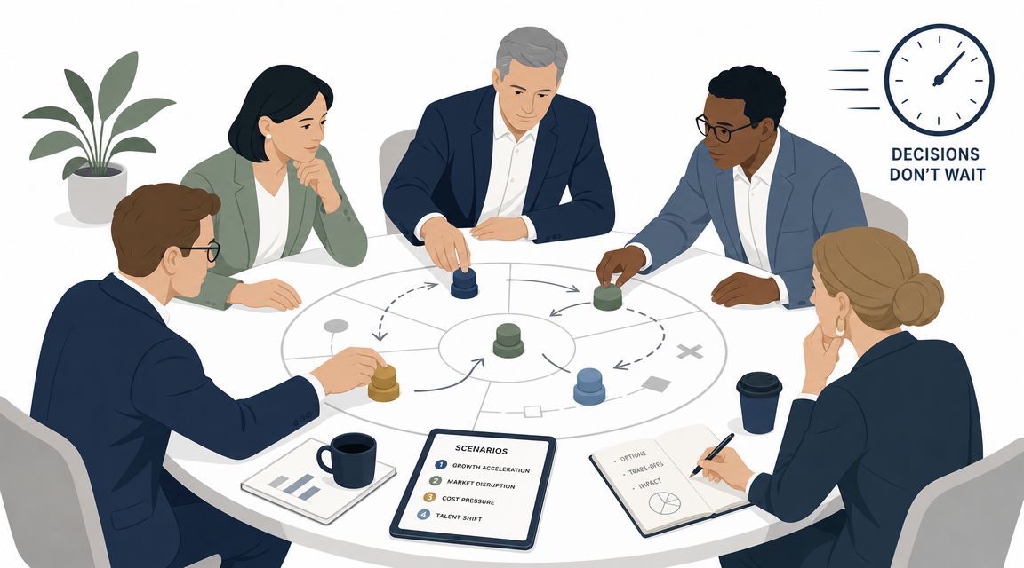 A diverse group of executives collaborating around a circular strategy table, analyzing business scenarios and strategic decision-making processes.