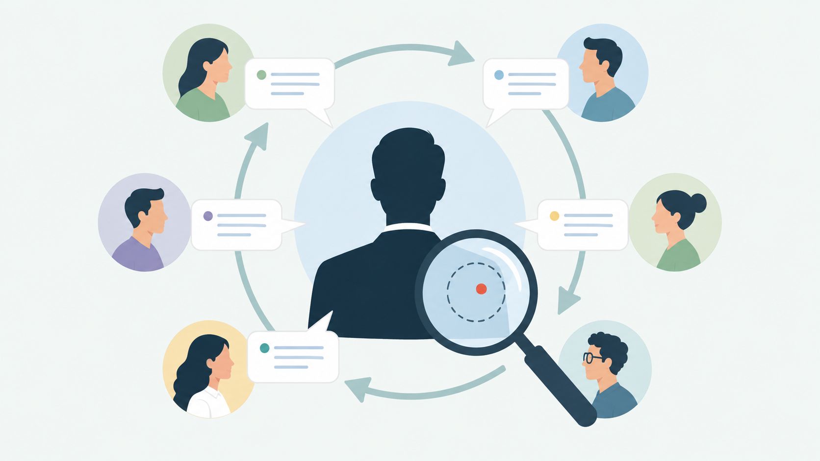 A magnifying glass inspecting a central silhouette surrounded by diverse team members with speech bubbles in a circular workflow.