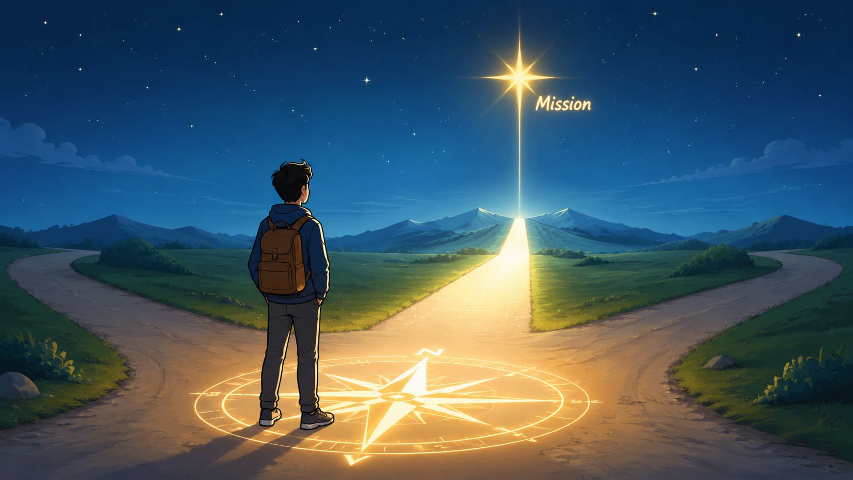 A young traveler standing at a crossroads, looking toward a bright star labeled mission in the sky.