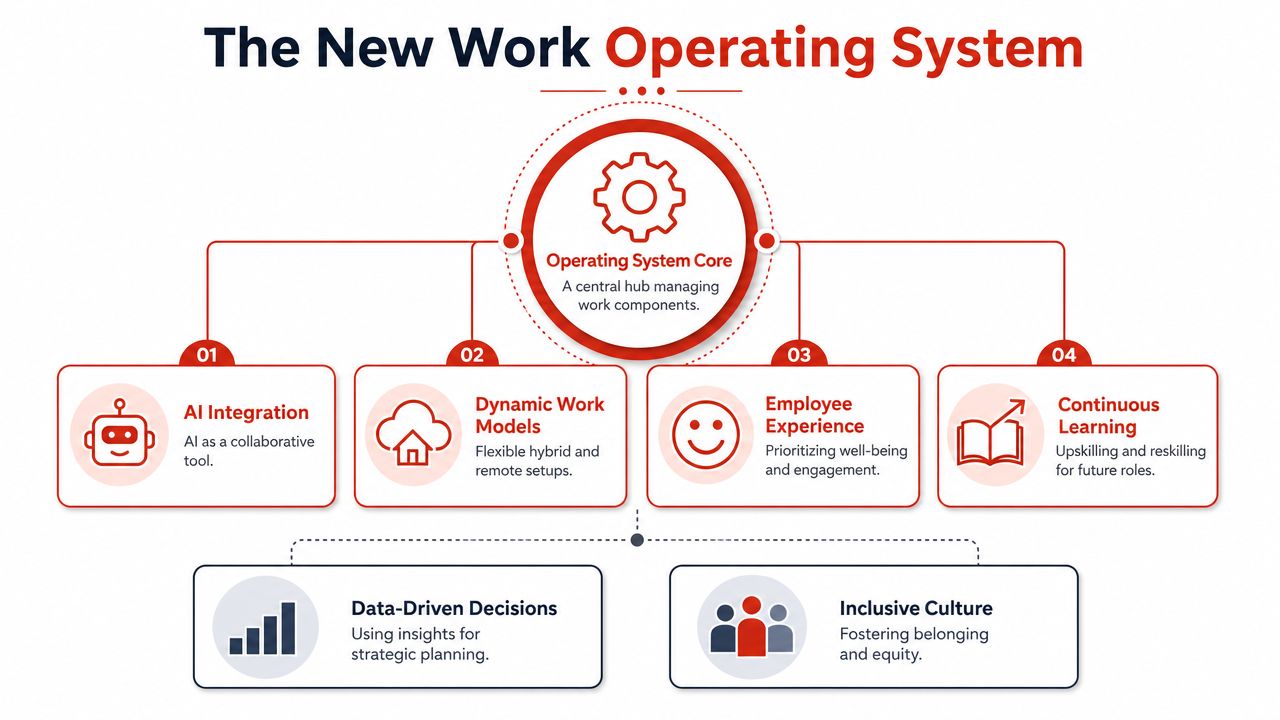 A diagram illustrating the New Work Operating System with a core hub and six key components for organizations.