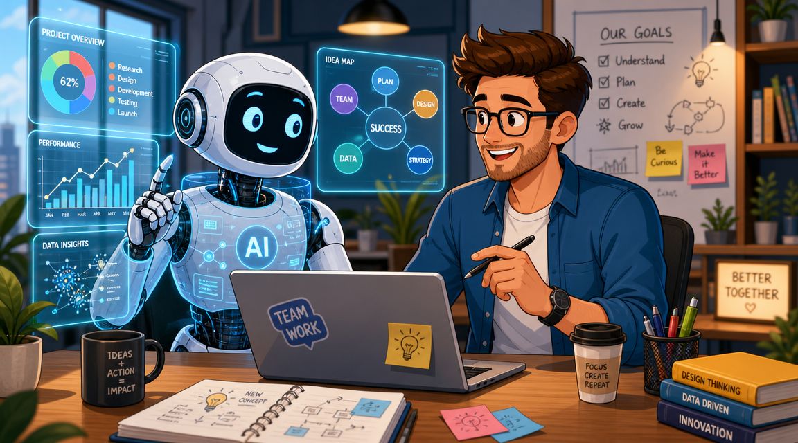 A friendly robot assistant collaborating with a man in an office on future business growth strategies.