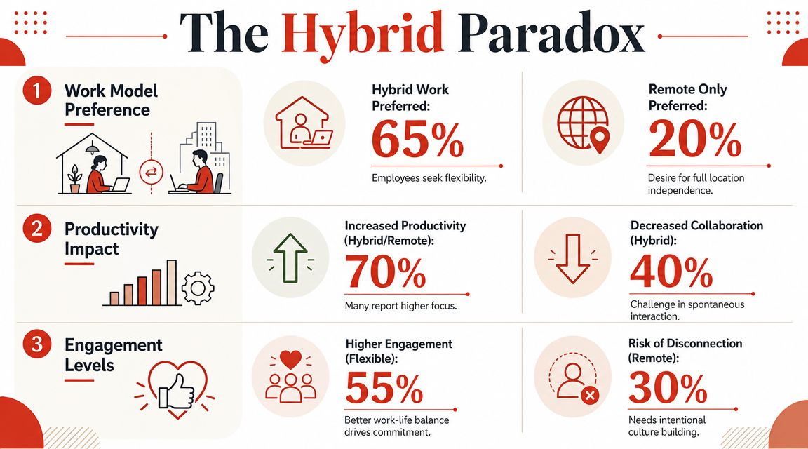 An infographic titled The Hybrid Paradox comparing worker preferences, productivity impacts, and engagement levels in hybrid models.