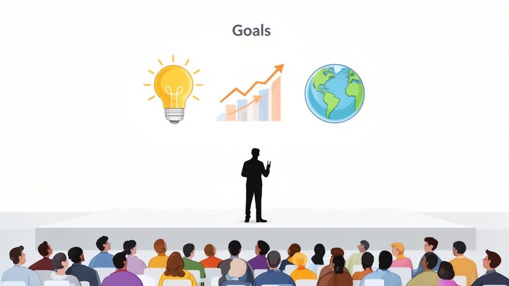 Conference scene with a keynote speaker discussing 'Goals' represented by a lightbulb, chart, and globe.