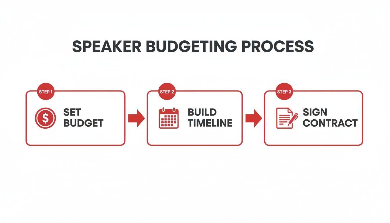 An infographic detailing the speaker budgeting process, showing three steps: Set Budget, Build Timeline, Sign Contract.