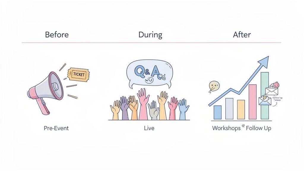An infographic illustrating the three stages of an event: pre-event promotion, live Q&A, and post-event follow-up with growth.