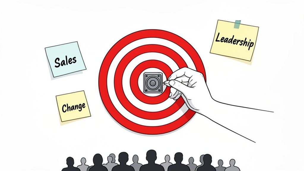 Hand aiming at a speaker target with “Sales,” “Change,” “Leadership” notes, addressing an audience.