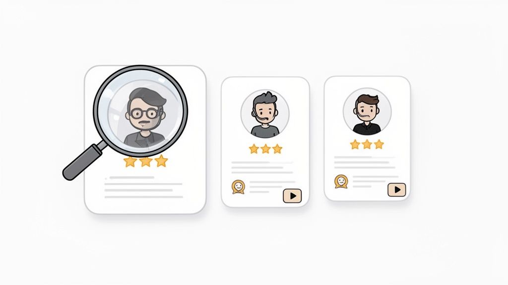 Three profile cards with cartoon people, one under a magnifying glass, depicting a search for rated professionals.