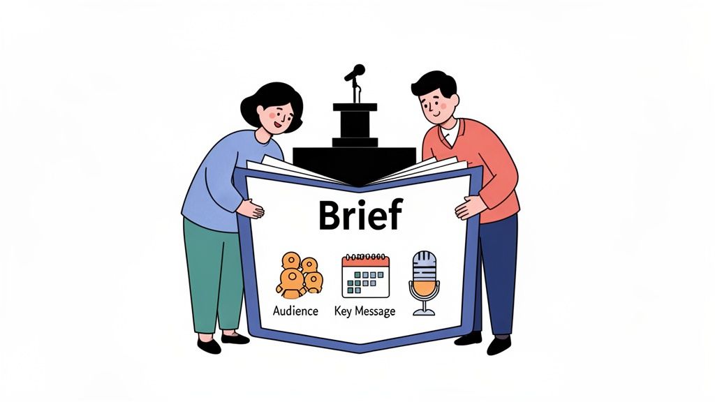 Two people hold an open book detailing a presentation brief with audience, key message, and microphone icons.