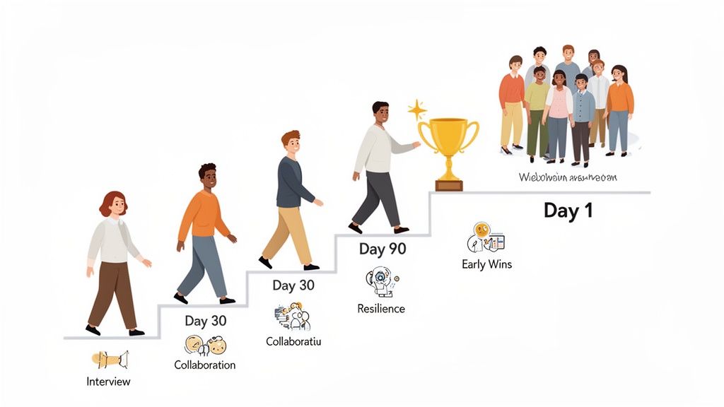 Infographic illustrating a team's progression from day one welcome to achieving success and resilience.