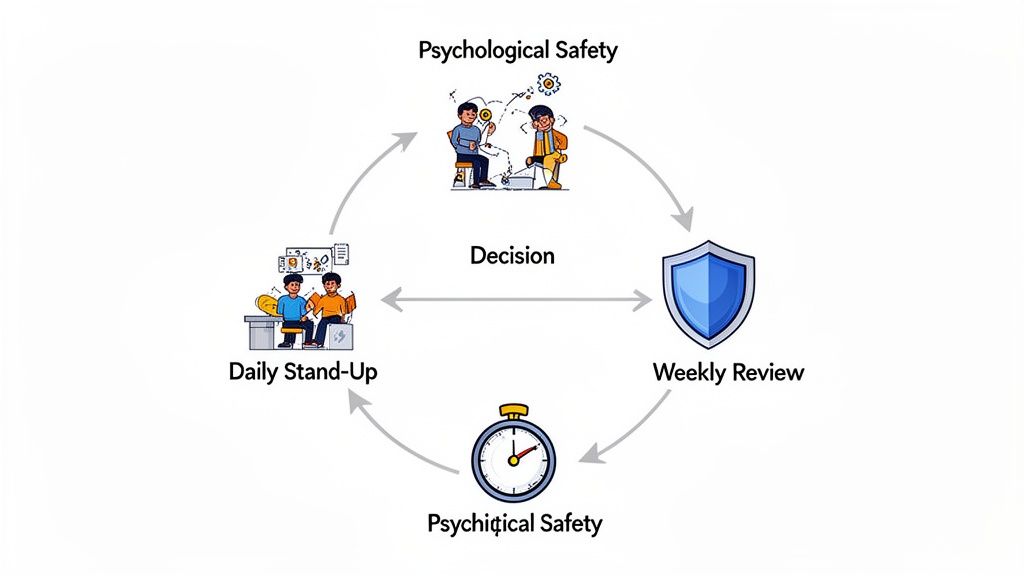 Diagram showing a decision-making cycle with psychological safety, daily stand-ups, weekly reviews, and time management.