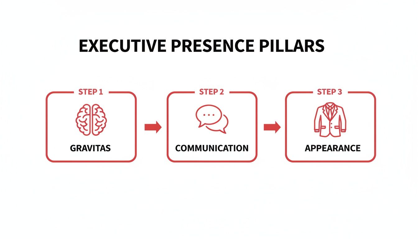 A diagram illustrating the three executive presence pillars: gravitas, communication, and appearance.