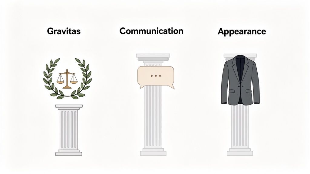 Three pillars illustrate key executive presence elements: Gravitas, Communication, and Appearance.