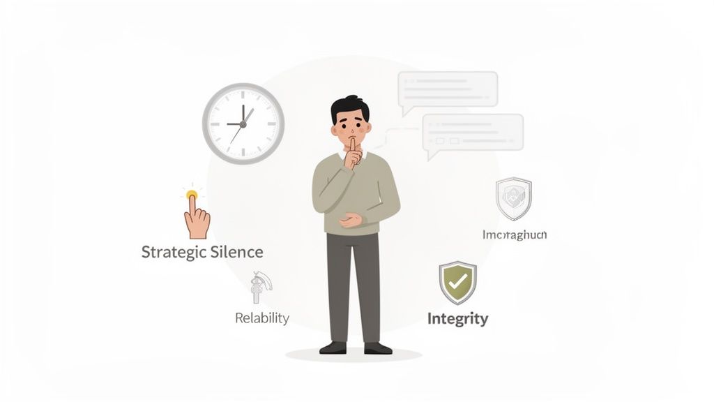 An illustration of a man thinking, surrounded by qualities like strategic silence, reliability, and integrity.