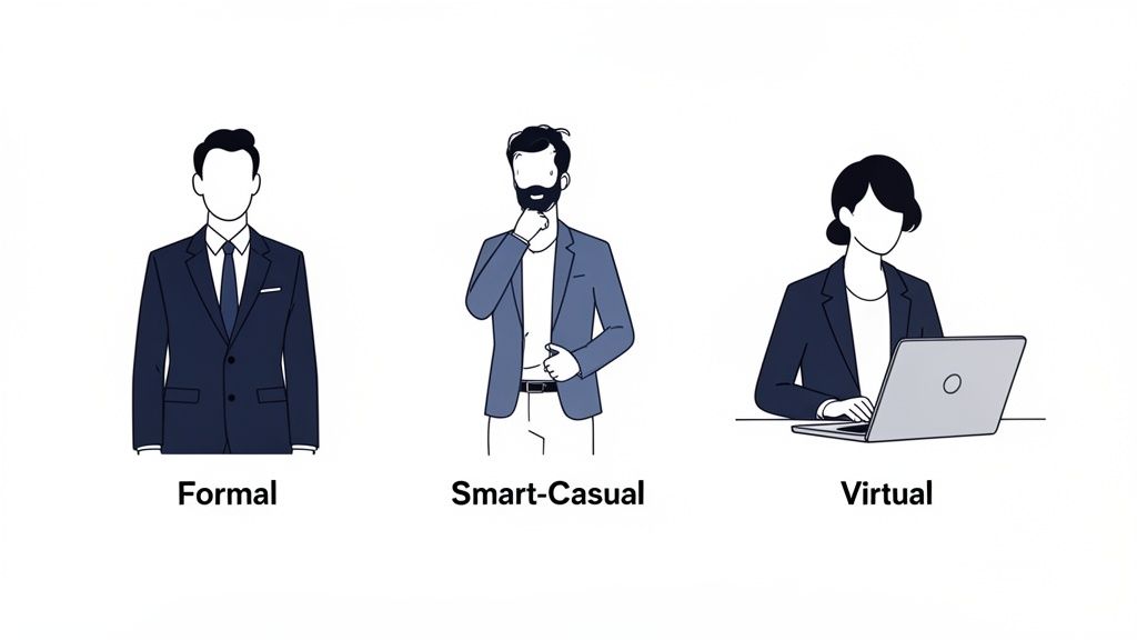 Illustrations showing three professional styles: Formal suit, Smart-Casual blazer, and a woman working on a laptop for Virtual.