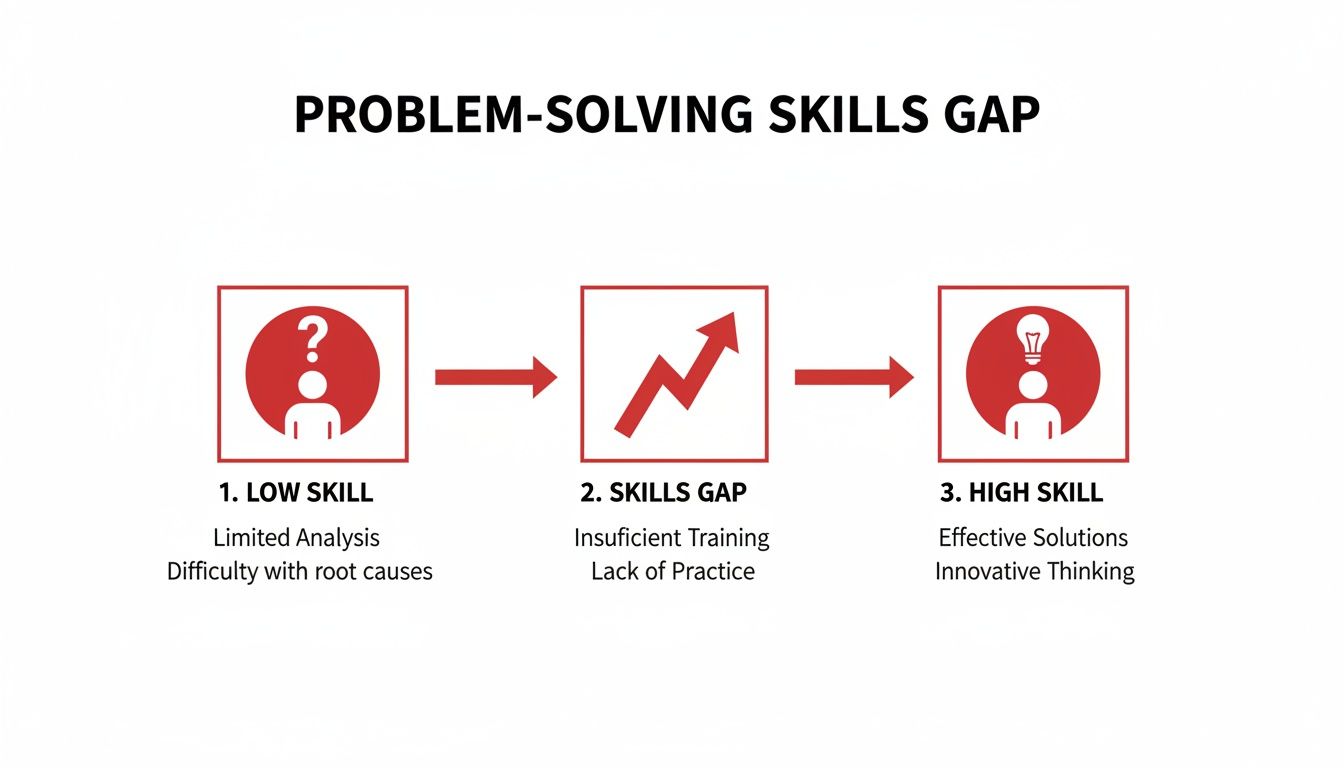 A diagram illustrating the problem-solving skills gap, from low skill to high skill through development.