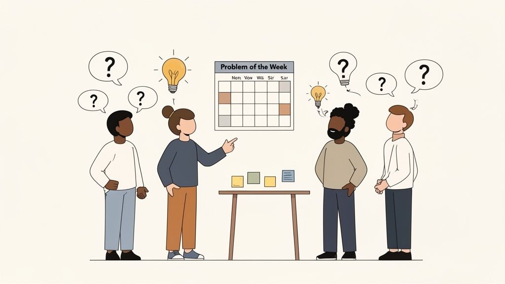 A diverse team collaboratively brainstorming solutions to a 'Problem of the Week' using a calendar and sticky notes.