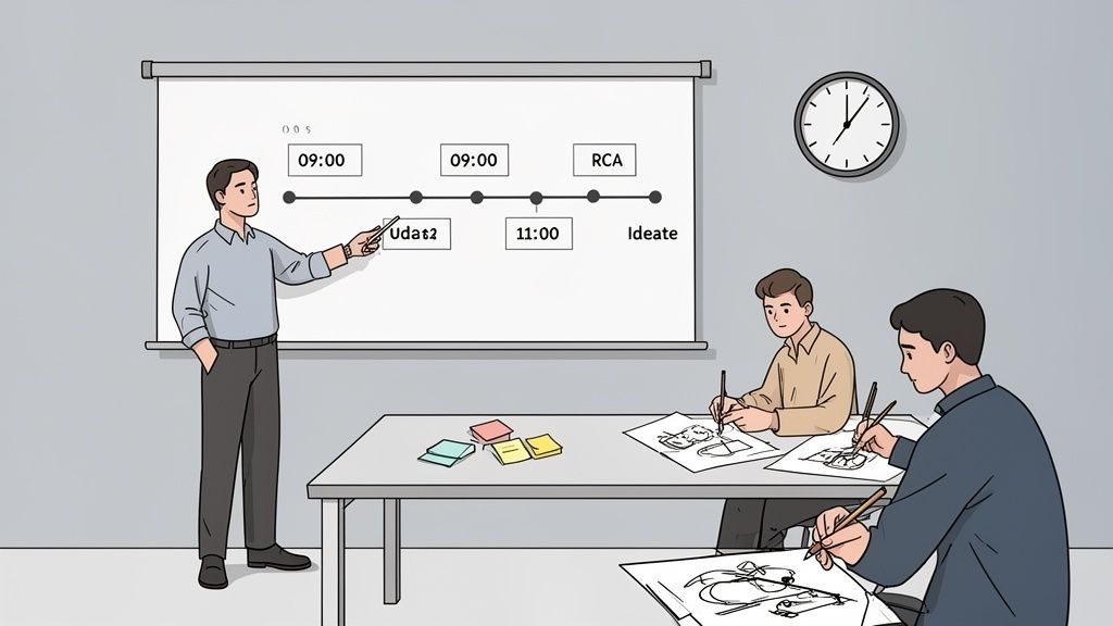 Instructor explains a problem-solving timeline on a whiteboard to two students sketching ideas.