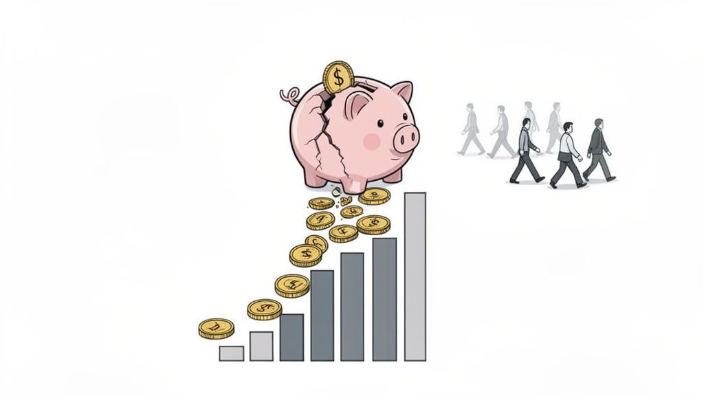 A cracked piggy bank with coins forming a rising bar graph, and businesspeople walking away.