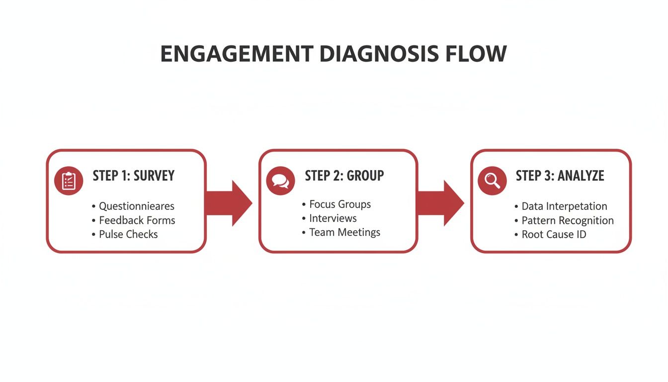 A three-step engagement diagnosis flow chart showing survey, group, and analyze phases.