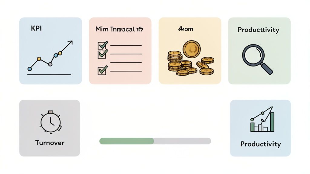 An illustration with various business icons including KPI, checklist, coins, magnifying glass, stopwatch, and productivity charts.
