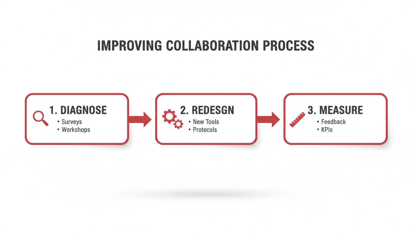 Three-step process diagram illustrating how to improve team collaboration effectively.