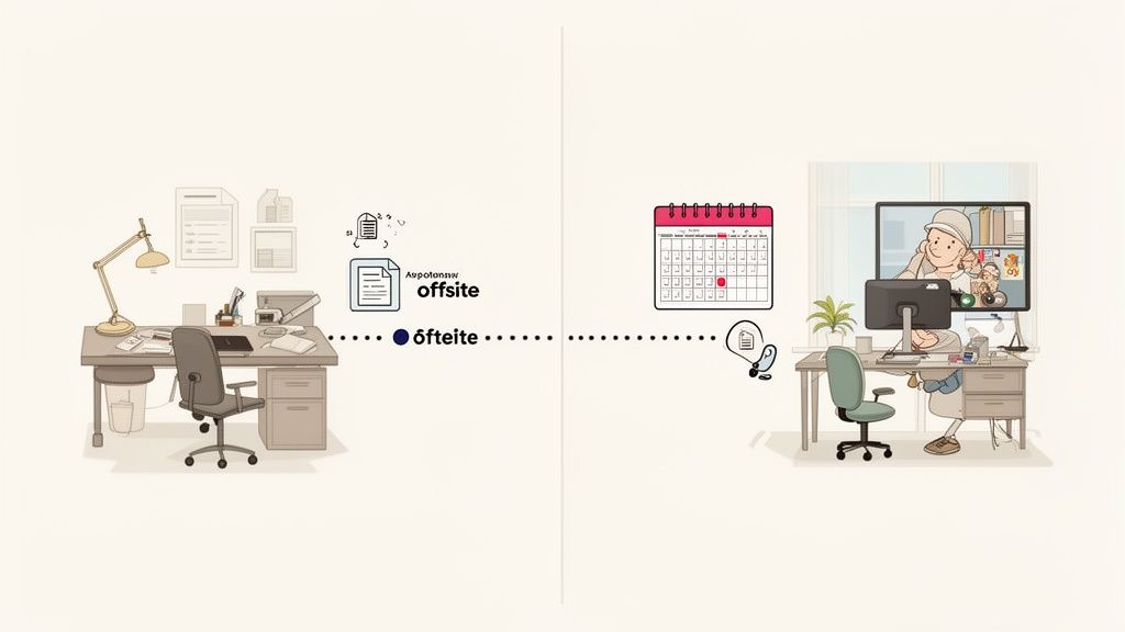 Illustration comparing traditional offsite work with remote team collaboration using video calls and a calendar.